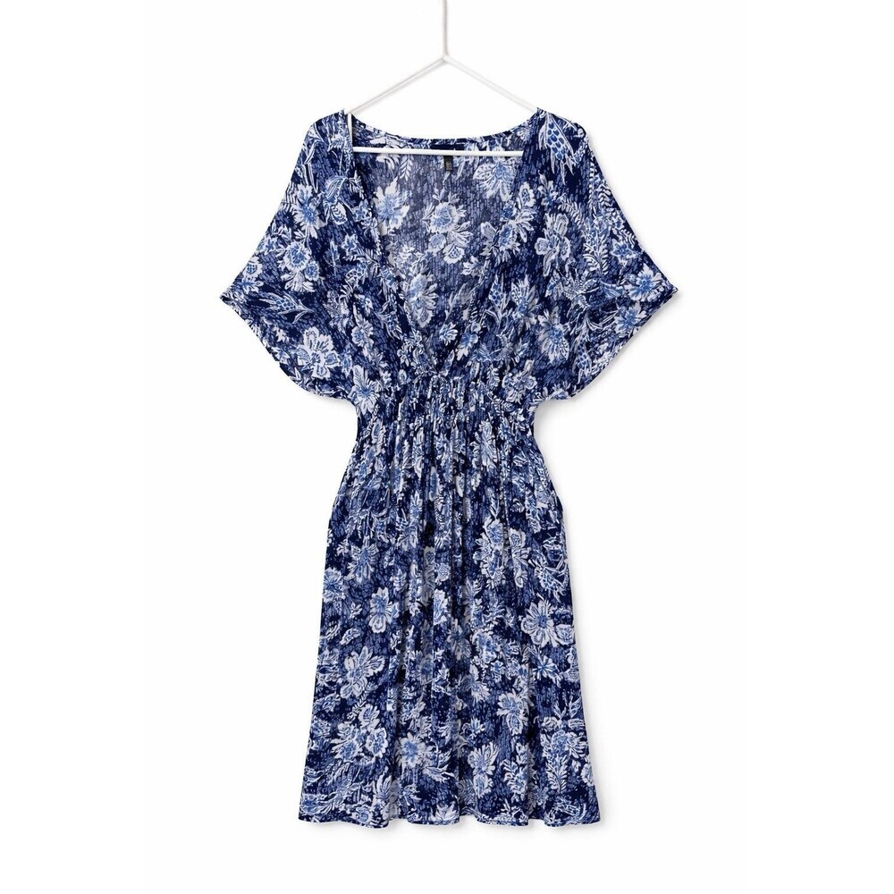 Torrid Blue Floral Print Cinch Waist Boho  Kimono  Sleeve Cover Up Plus Sz 3/4